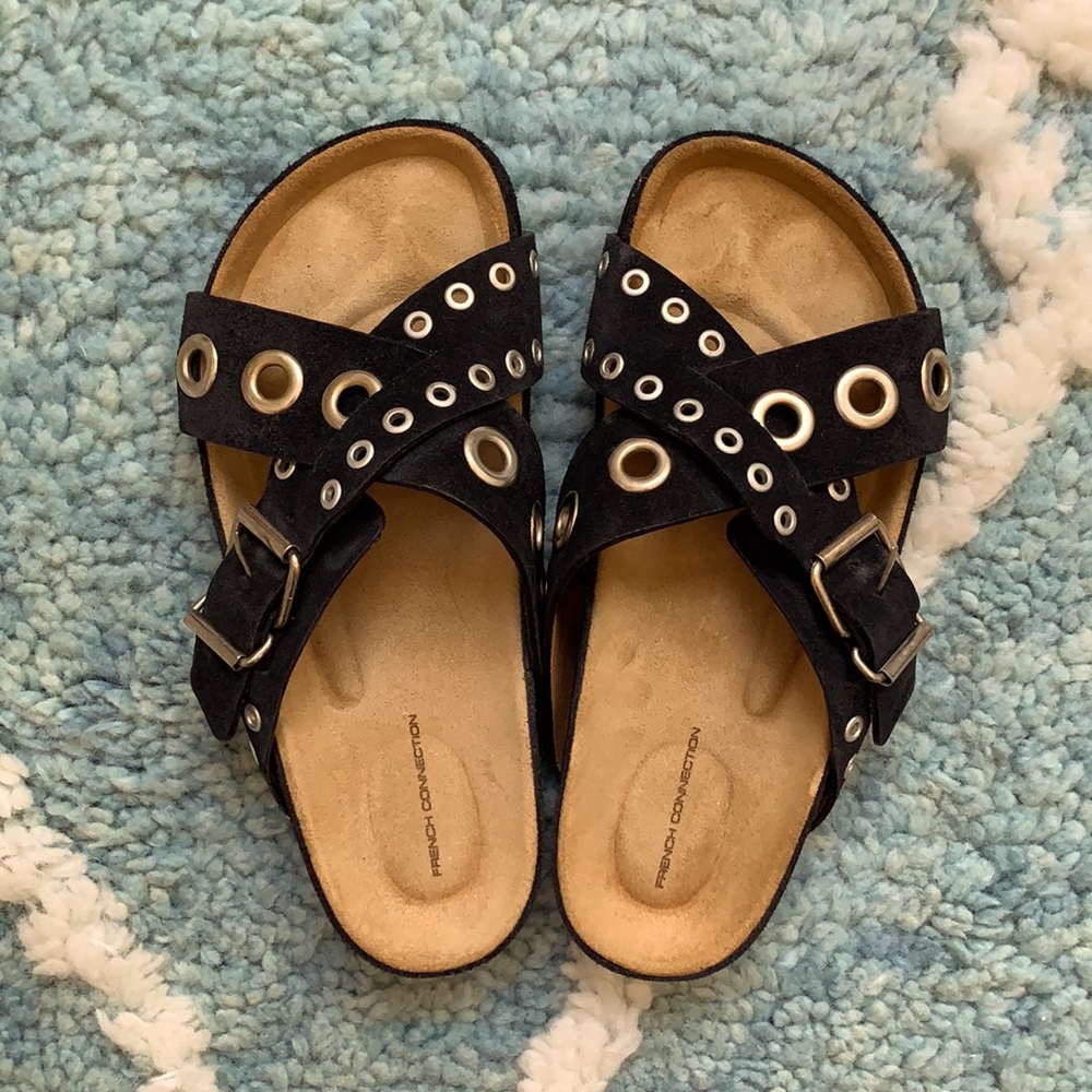 NEW French Connection Black Suede Slides 37